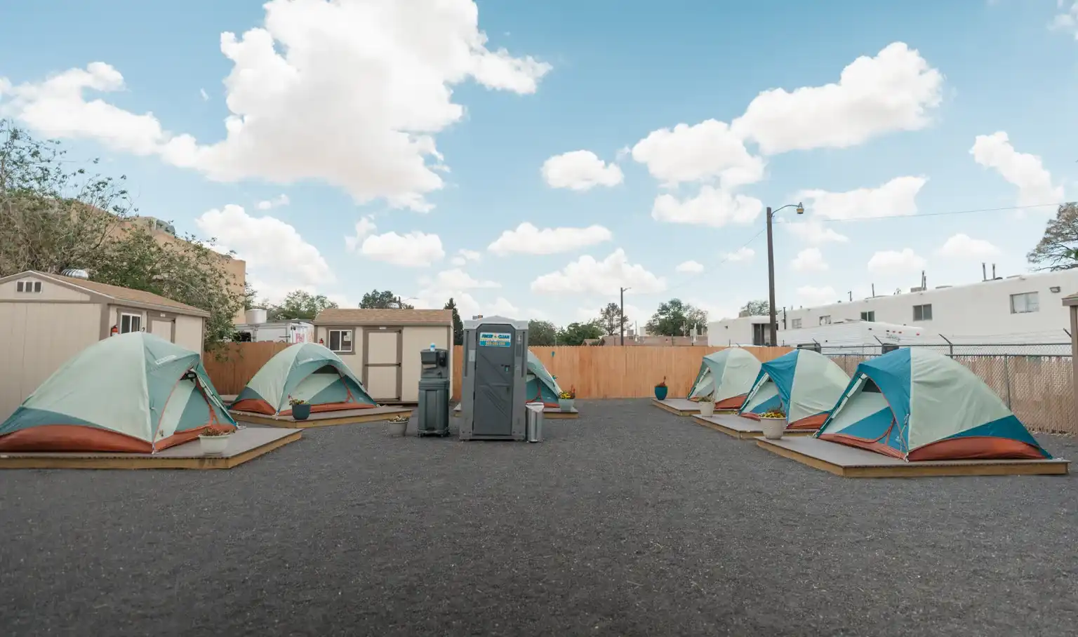 Rows of tents at the Refuge outdoor safe space in Albuquerque